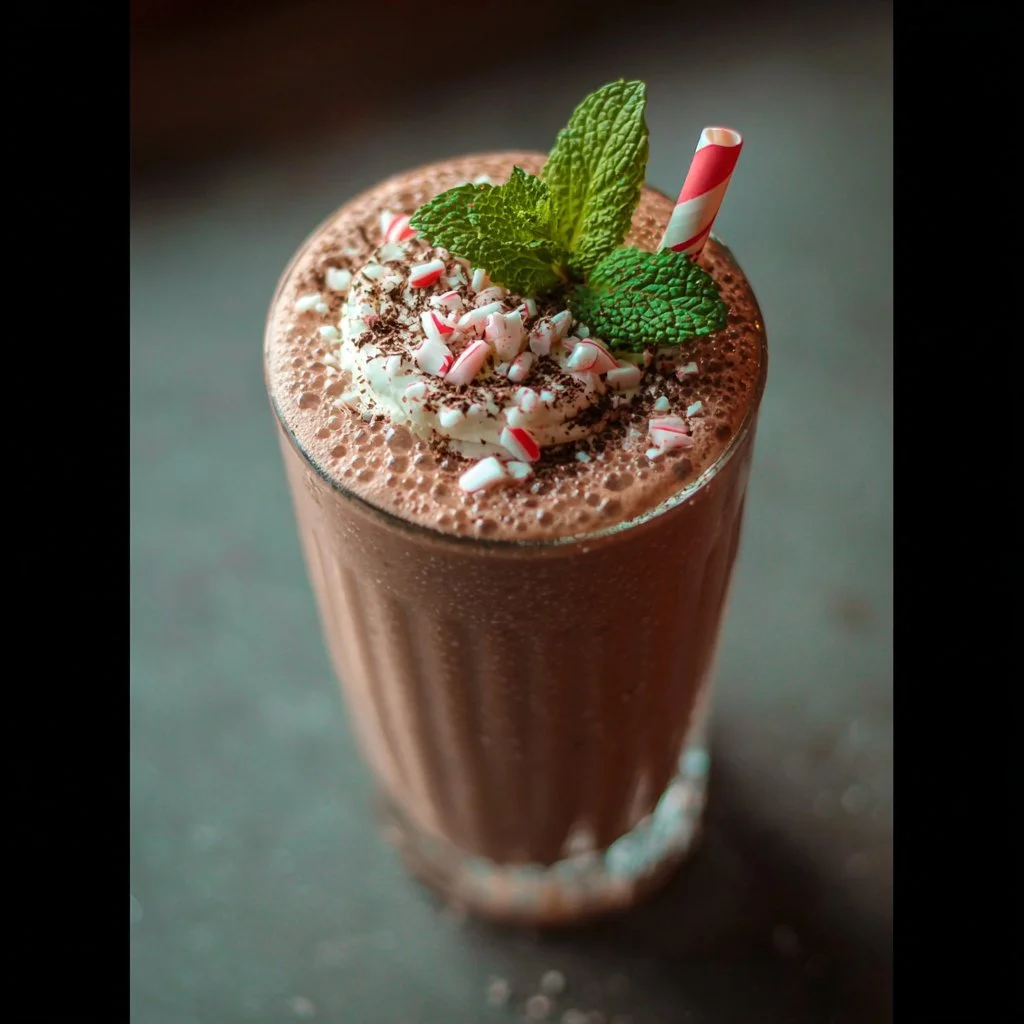 Deliciously blended Chocolate Peppermint Smoothie topped with mint leaves.