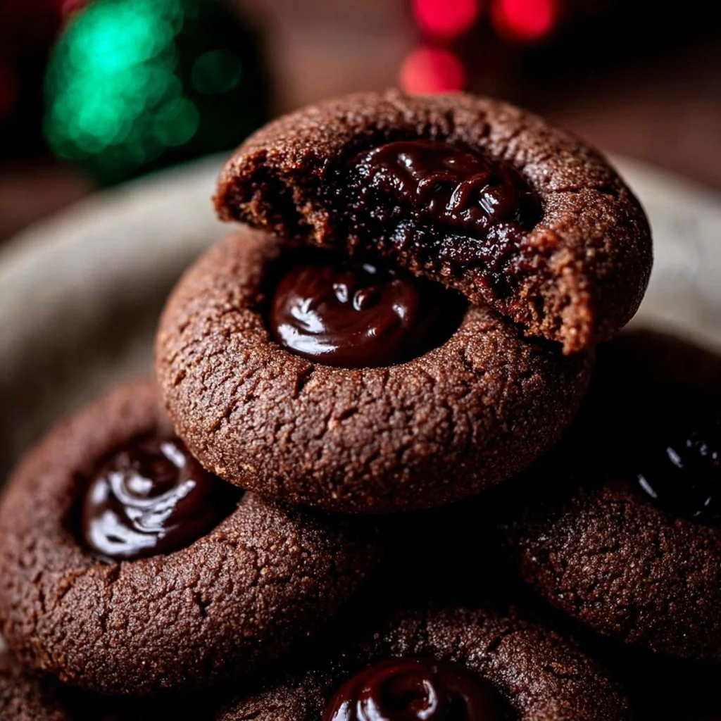Chocolate Thumbprint Cookies 2 Delicious Chocolate Thumbprint Cookies topped with a sweet filling