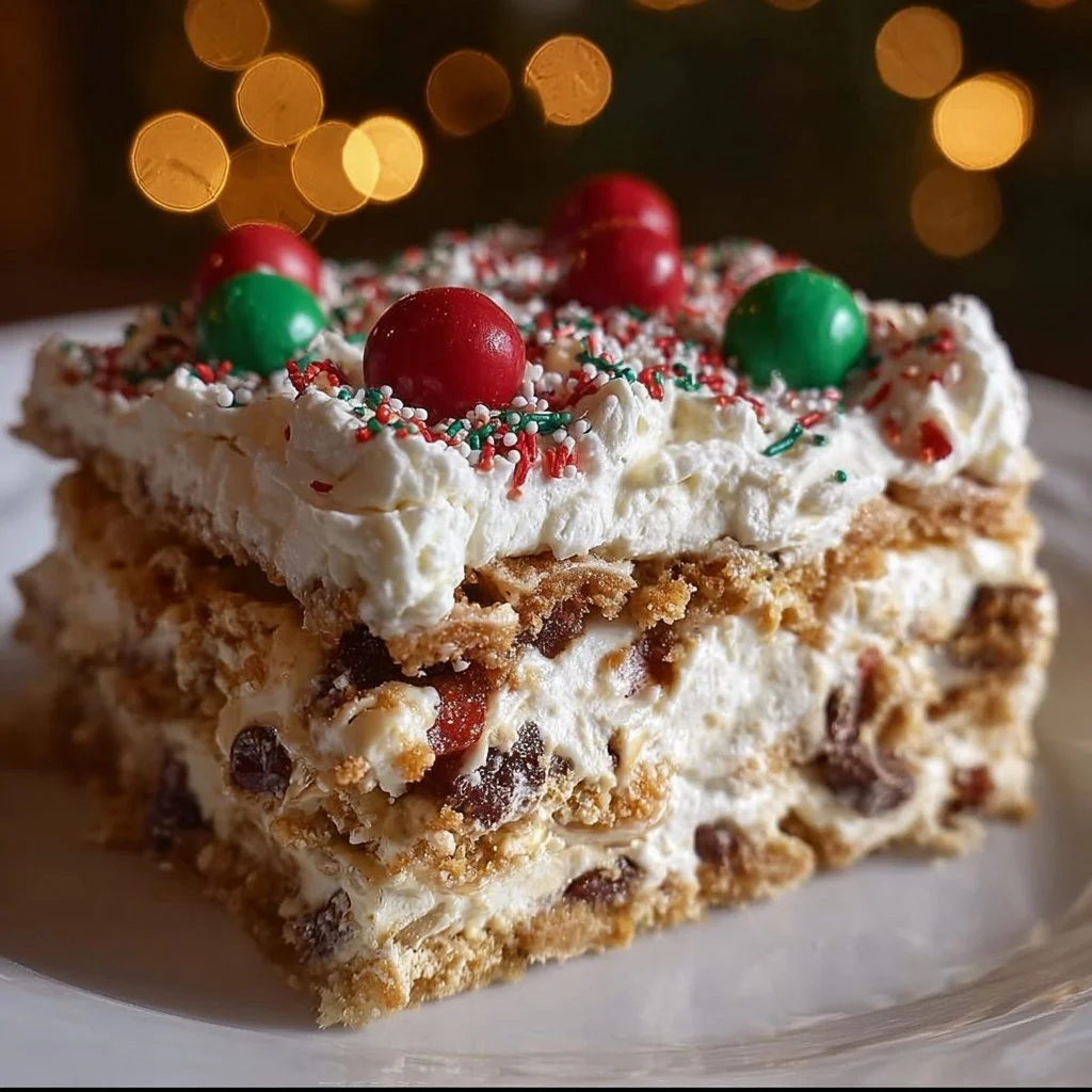 Christmas Cookie Lasagna 2 Delicious Christmas Cookie Lasagna dessert with layers of cookies and cream