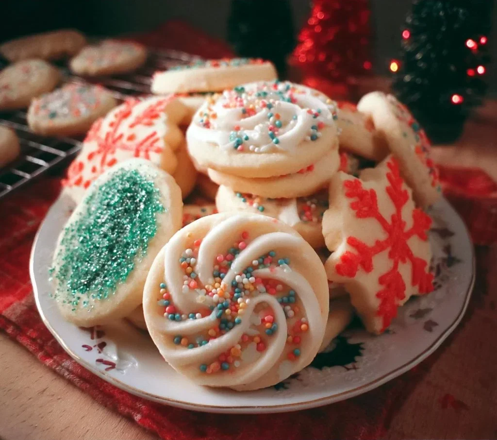 Christmas Sugar Cookies (Crumbl Copycat) 2 Plate of Christmas sugar cookies inspired by Crumbl recipe.