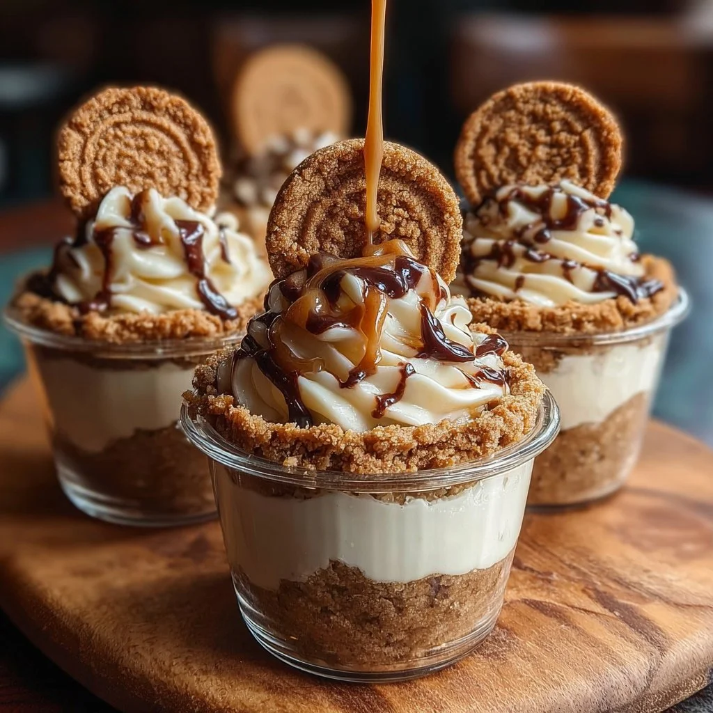 Cookie Butter Cheesecake Cups 2 Delicious cookie butter cheesecake cups served in clear dessert cups