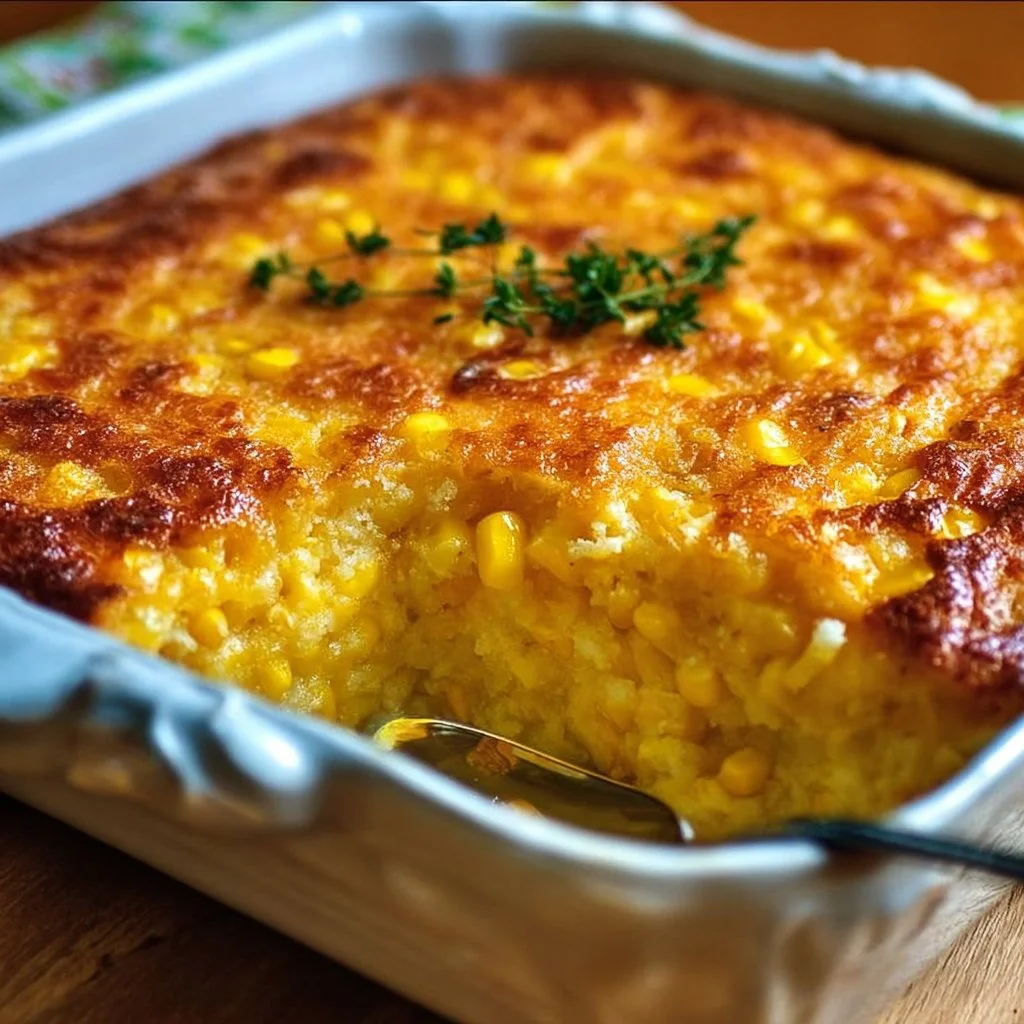 Corn Pudding Casserole 2 Delicious Corn Pudding Casserole served in a baking dish
