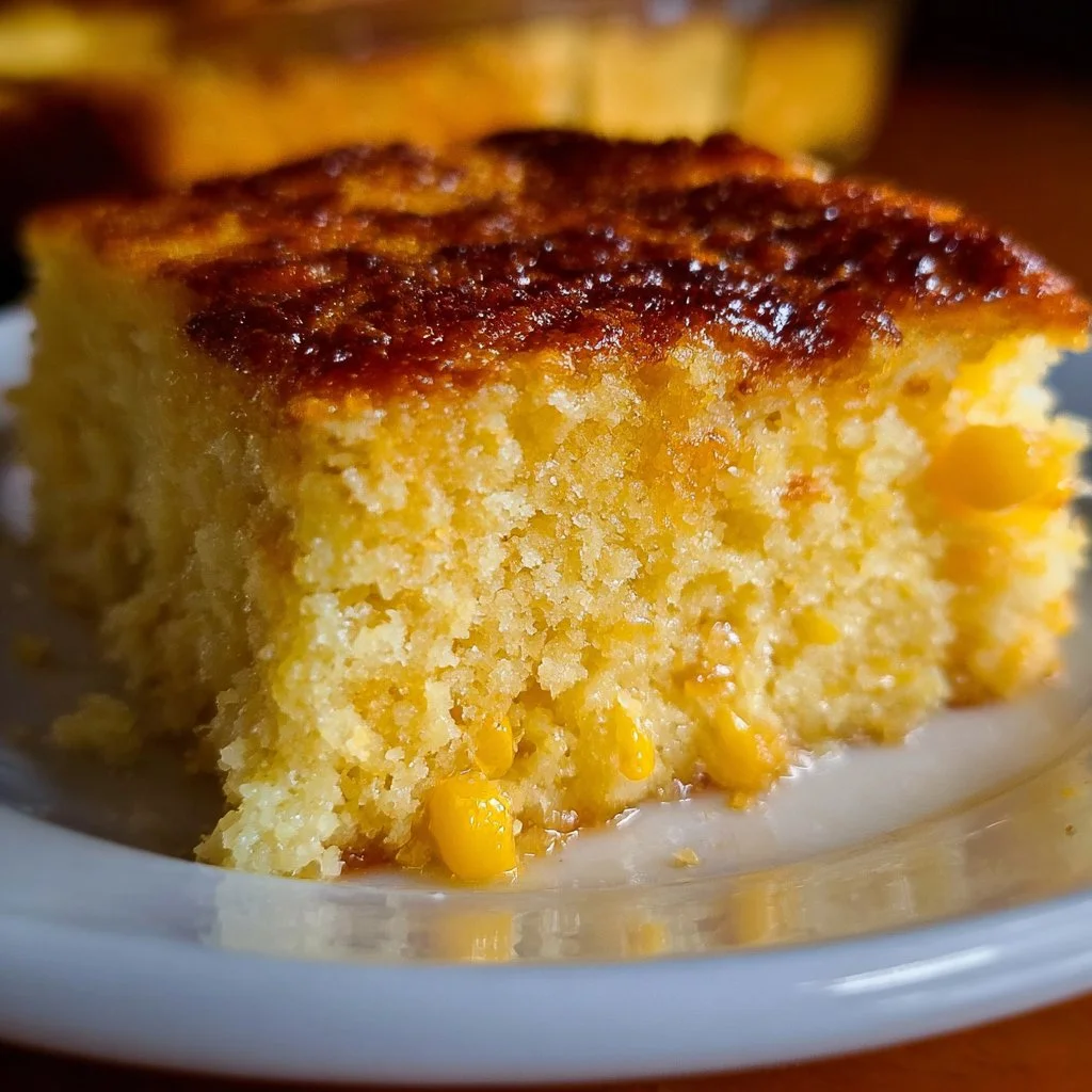 Delicious cornbread casserole topped with cheese on a plate