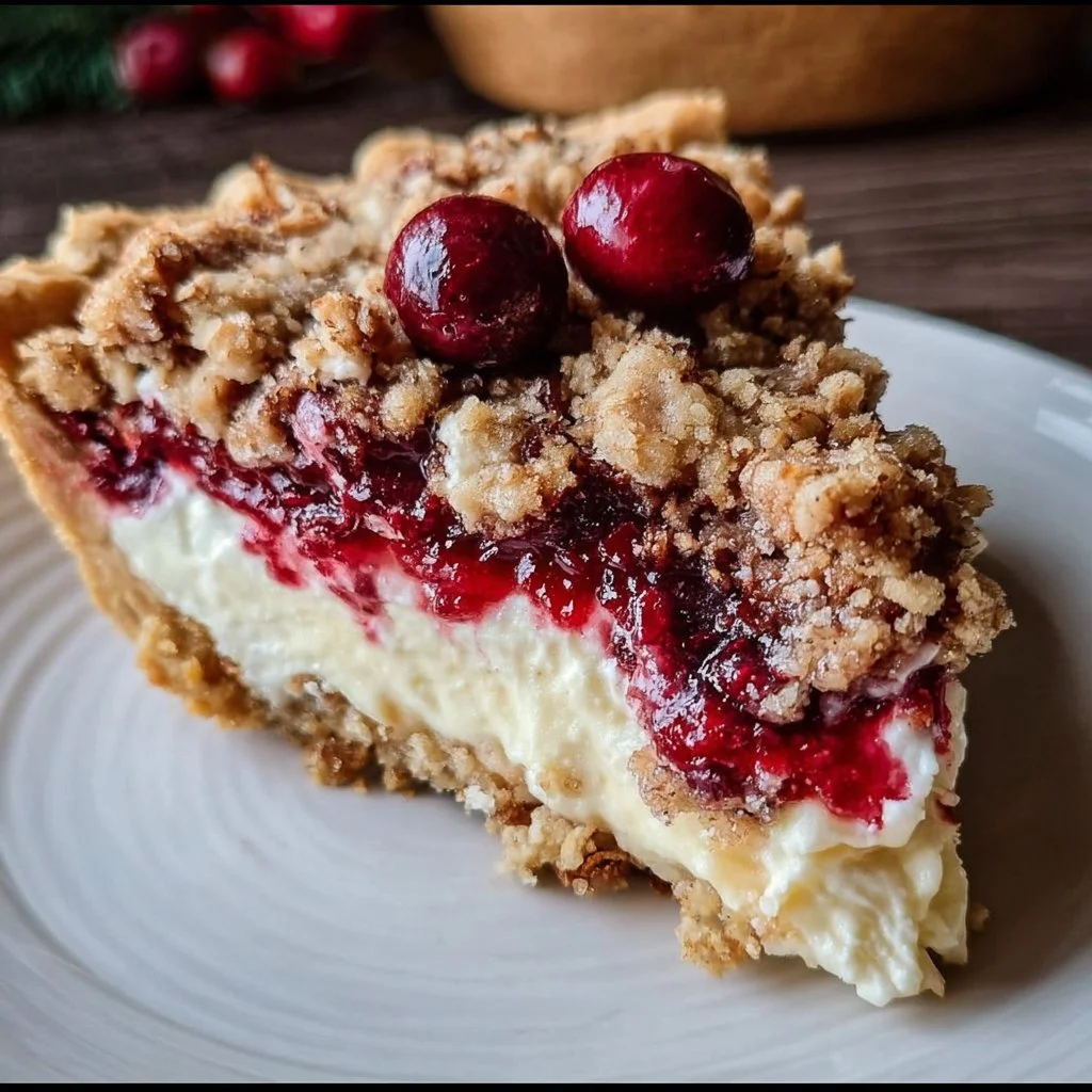 Delicious Cranberry Cream Cheese Pie with crumb topping served on a plate
