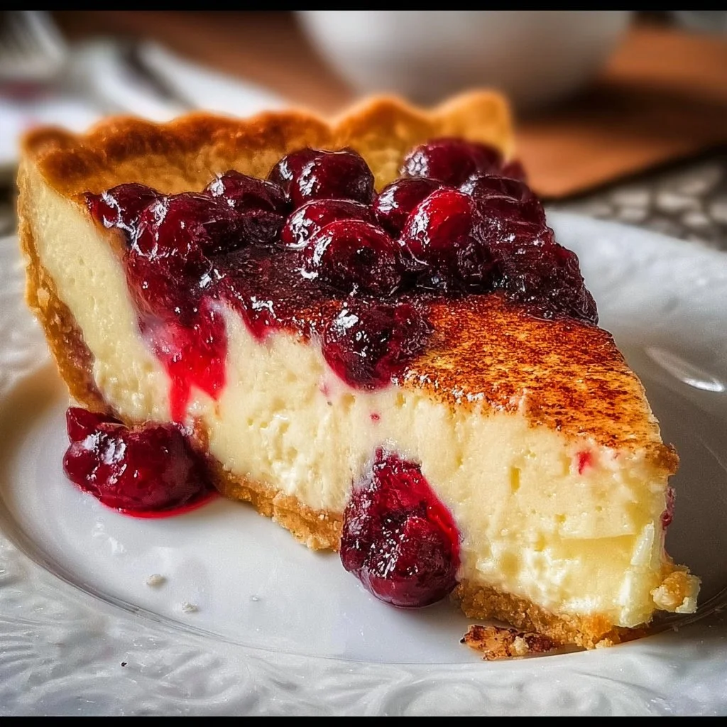 Slice of homemade Cranberry Custard Pie with cranberries and custard filling