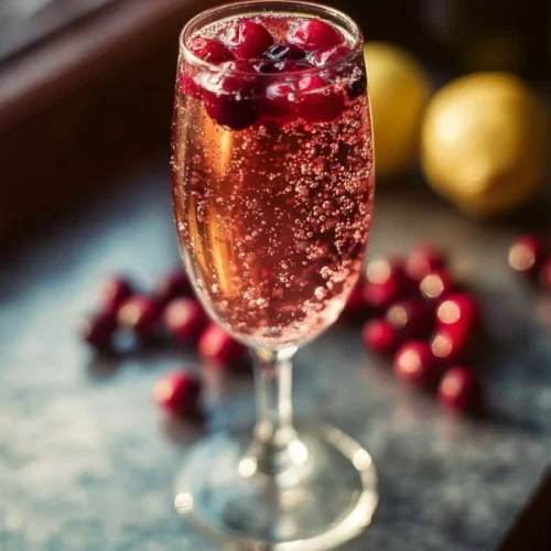 Cranberry French 75 3 Cranberry French 75 cocktail garnished with cranberries and lemon twist.