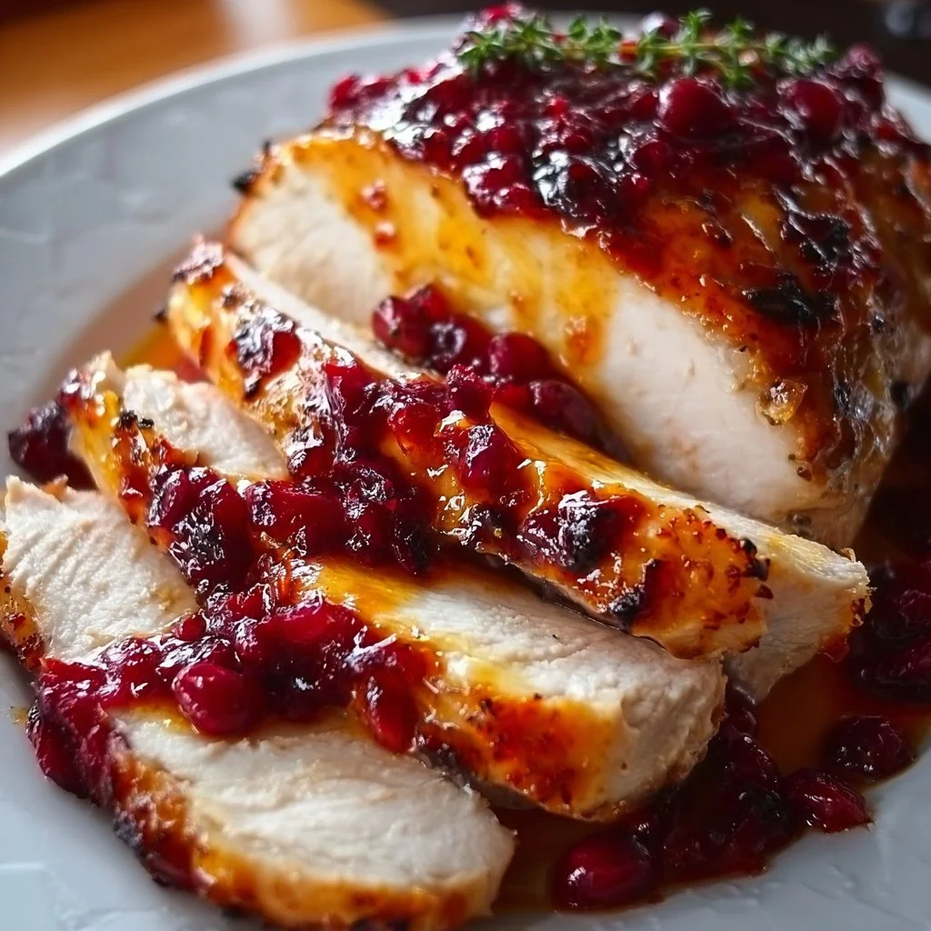 Cranberry Orange Glazed Turkey Breast 2 Cranberry orange glazed turkey breast garnished with herbs