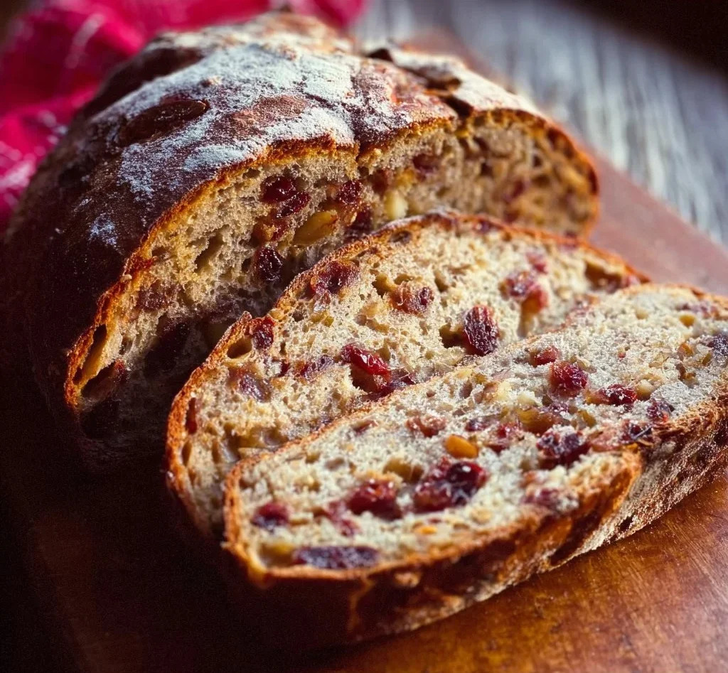 Cranberry-Walnut Bread 1 Loaf of freshly baked cranberry-walnut bread sliced on a wooden board