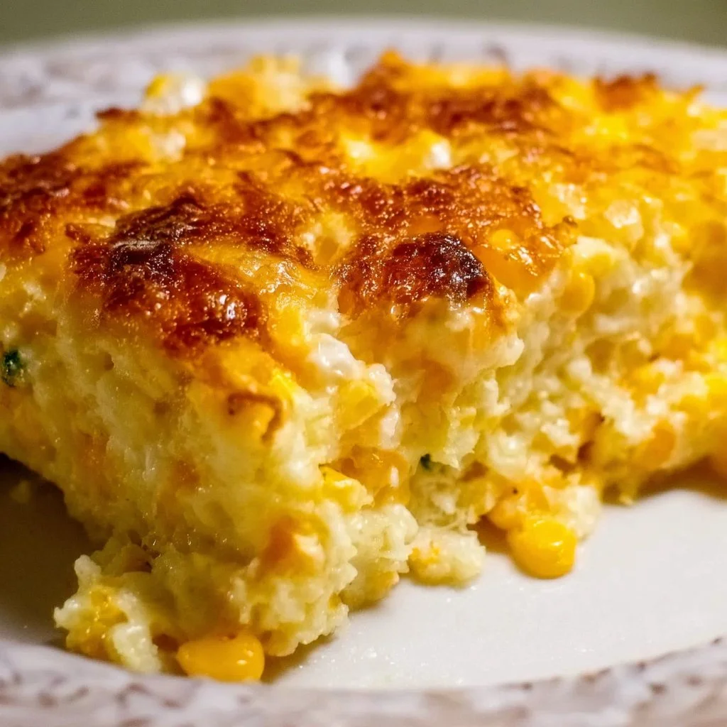 Cream cheese corn casserole baked dish with corn and cheese topping.