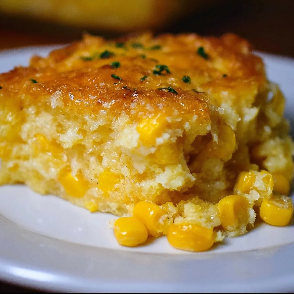 Creamed Corn Casserole 1 Delicious creamed corn casserole served in a baking dish