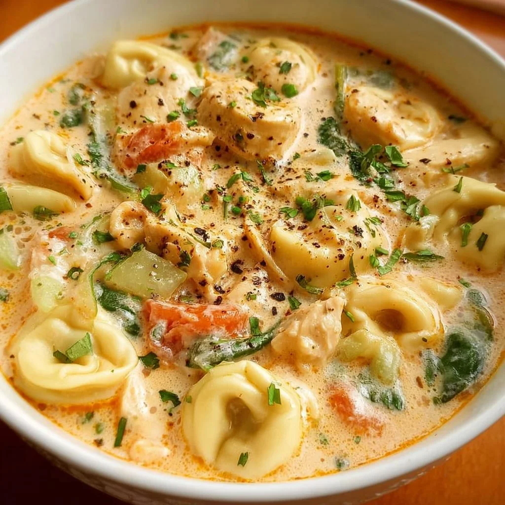 Creamy Chicken Tortellini Soup 2 Bowl of creamy chicken tortellini soup with fresh herbs and vegetables