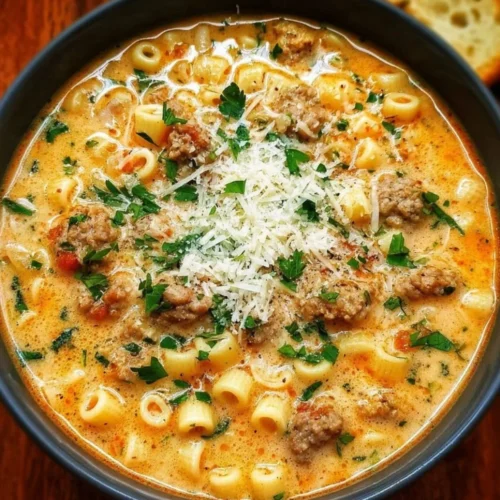 Creamy Parmesan Italian Sausage Ditalini Soup 2 Bowl of creamy Parmesan Italian sausage ditalini soup topped with herbs