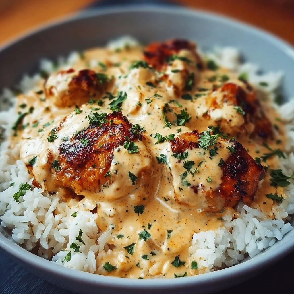 Delicious creamy smothered chicken served with rice on a plate.