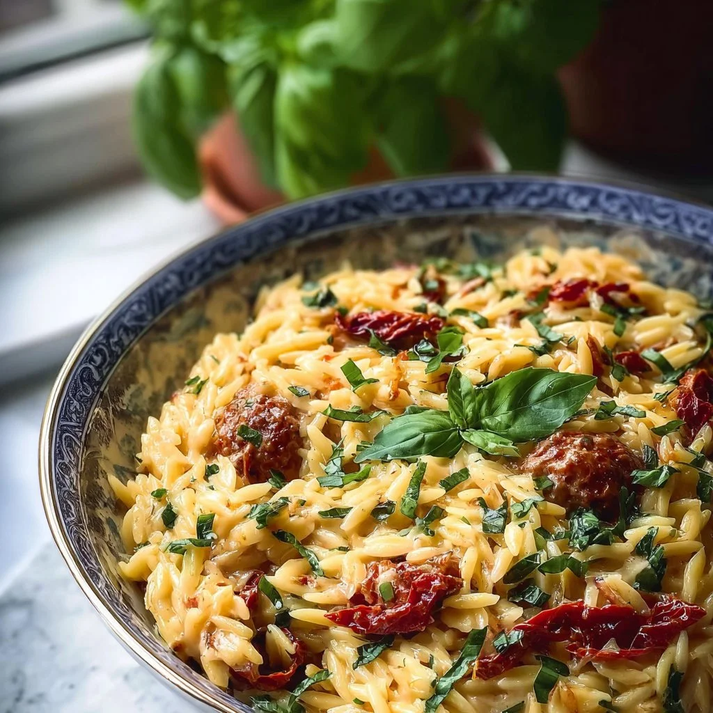 Creamy Sun Dried Tomato Orzo Pasta - theamazingfood 2 Delicious creamy sun dried tomato orzo pasta dish garnished with herbs