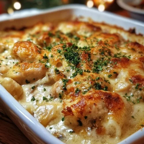 Creamy Swiss Chicken Bake 2 Creamy Swiss chicken bake with melted cheese, herbs, and a golden crust.