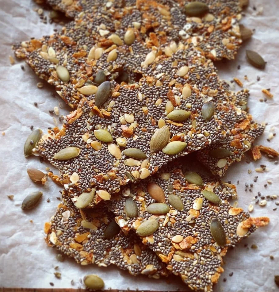 A plate of crunchy seed crackers for a healthy snack option