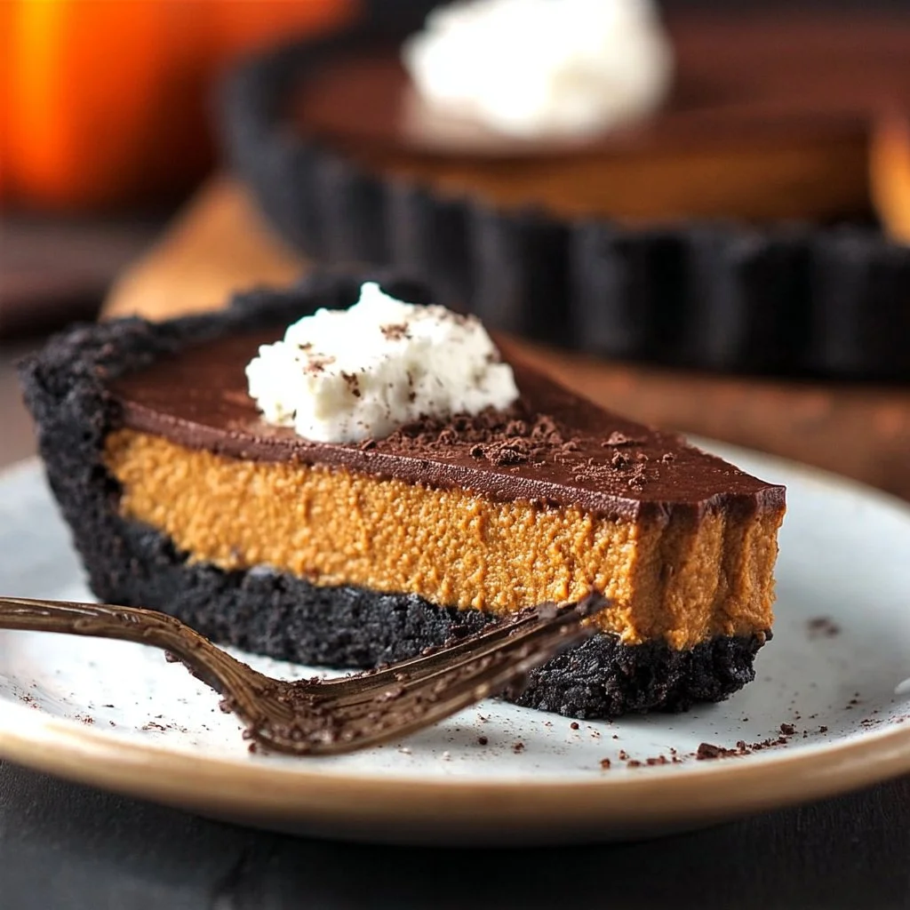 Dark Chocolate Pumpkin Tart 2 Delicious dark chocolate pumpkin tart garnished with chocolate shavings and autumn leaves