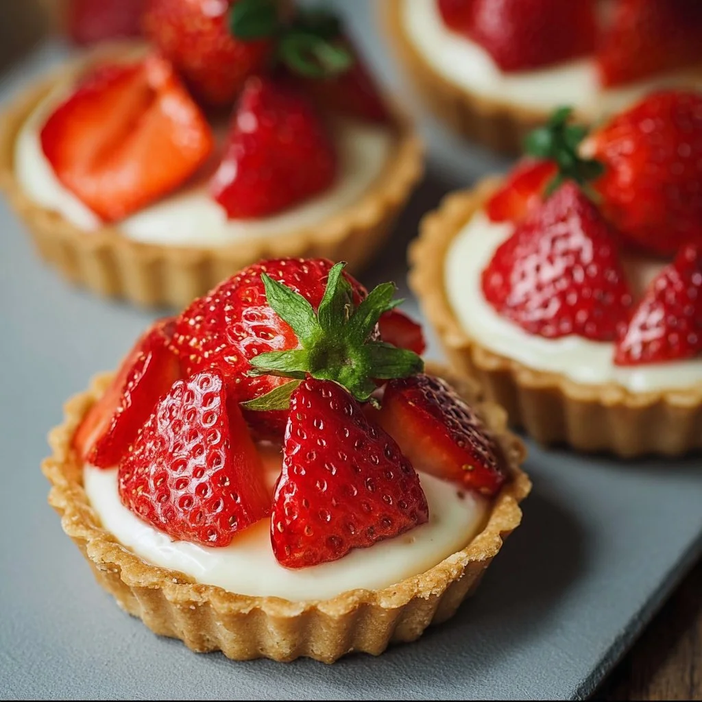 Decadent Strawberry Mascarpone Tartlets 2 Decadent strawberry mascarpone tartlets garnished with fresh strawberries.