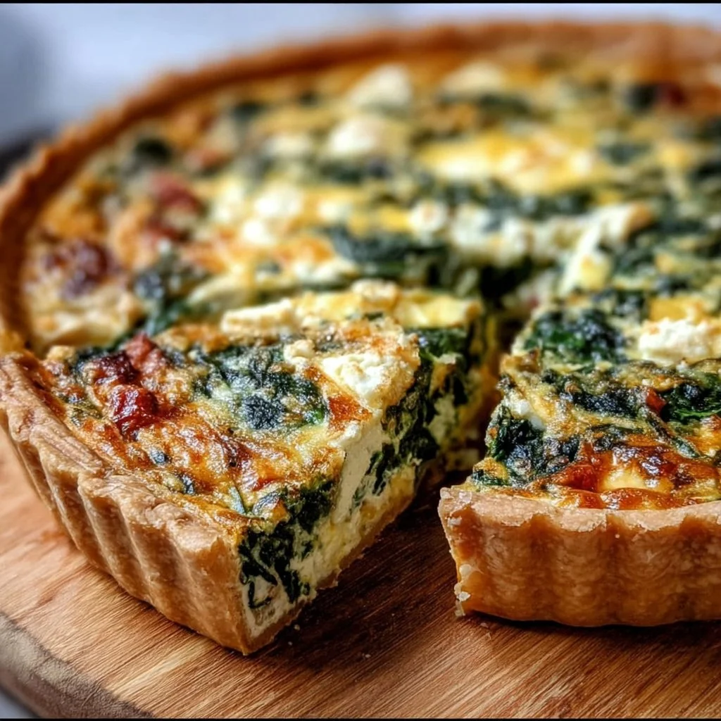 Delicious spinach feta quiche with flaky crust and fresh ingredients