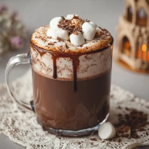 Delicious Disneyland hot chocolate topped with whipped cream and chocolate shavings.