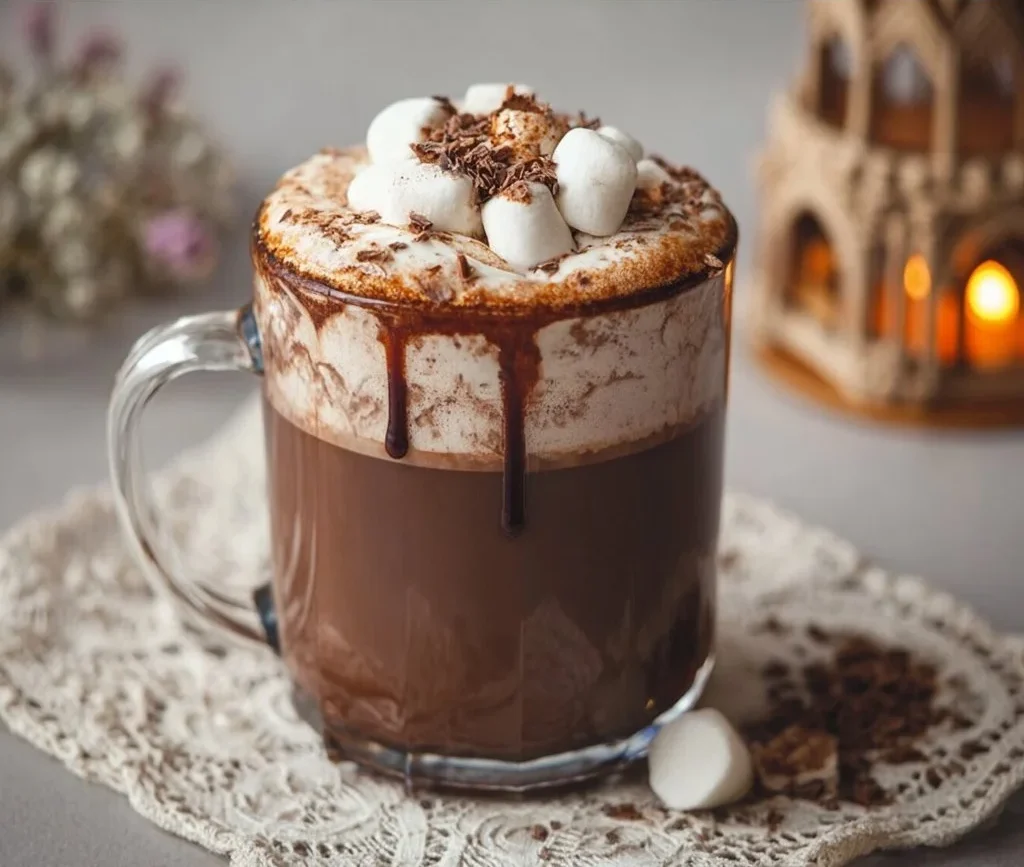 Delicious Disneyland hot chocolate topped with whipped cream and chocolate shavings.