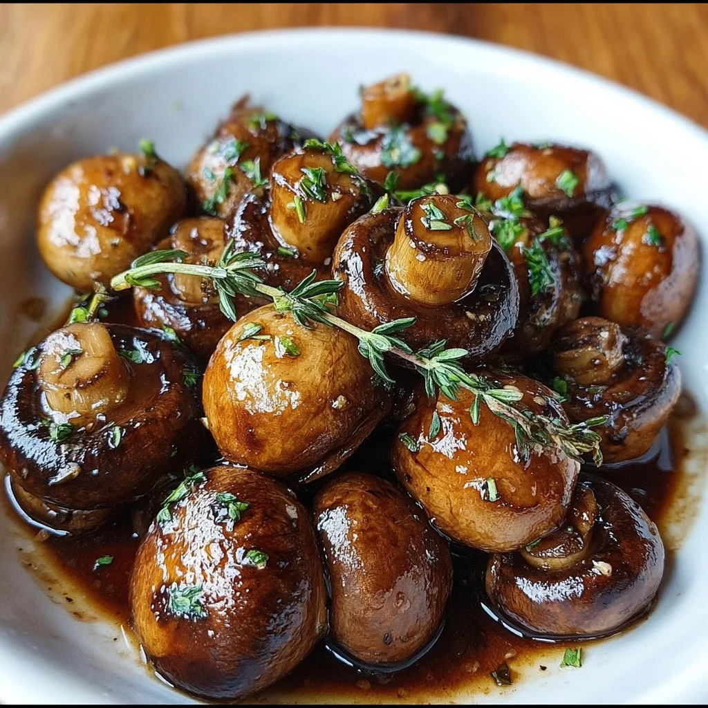 Easy Balsamic Garlic Mushrooms 1 Sautéed balsamic garlic mushrooms in a skillet, garnished with herbs.