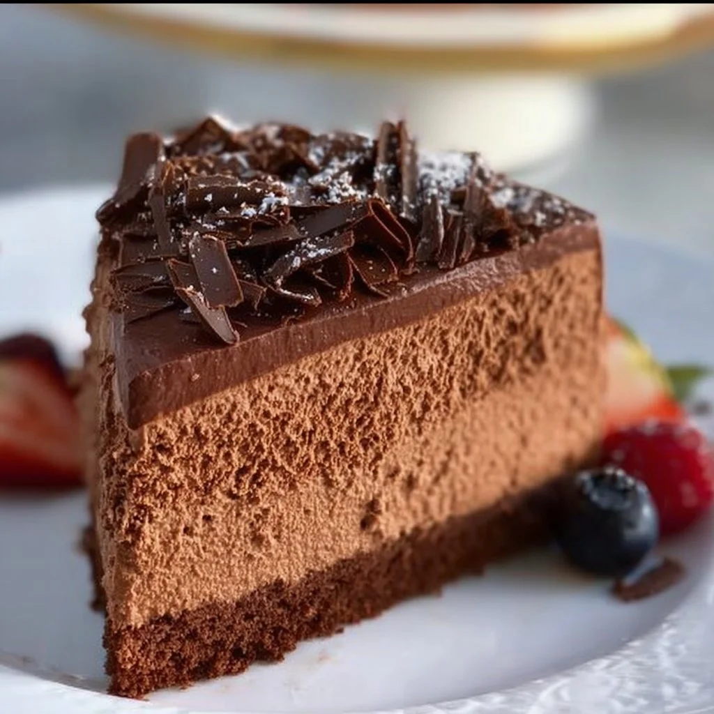 Easy Chocolate Mousse Cake Recipe 2 Delicious easy chocolate mousse cake topped with chocolate shavings.