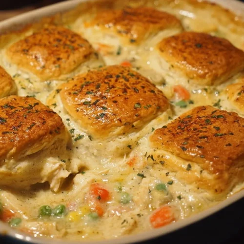 Easy Homemade Chicken Pot Pie Casserole served in a baking dish
