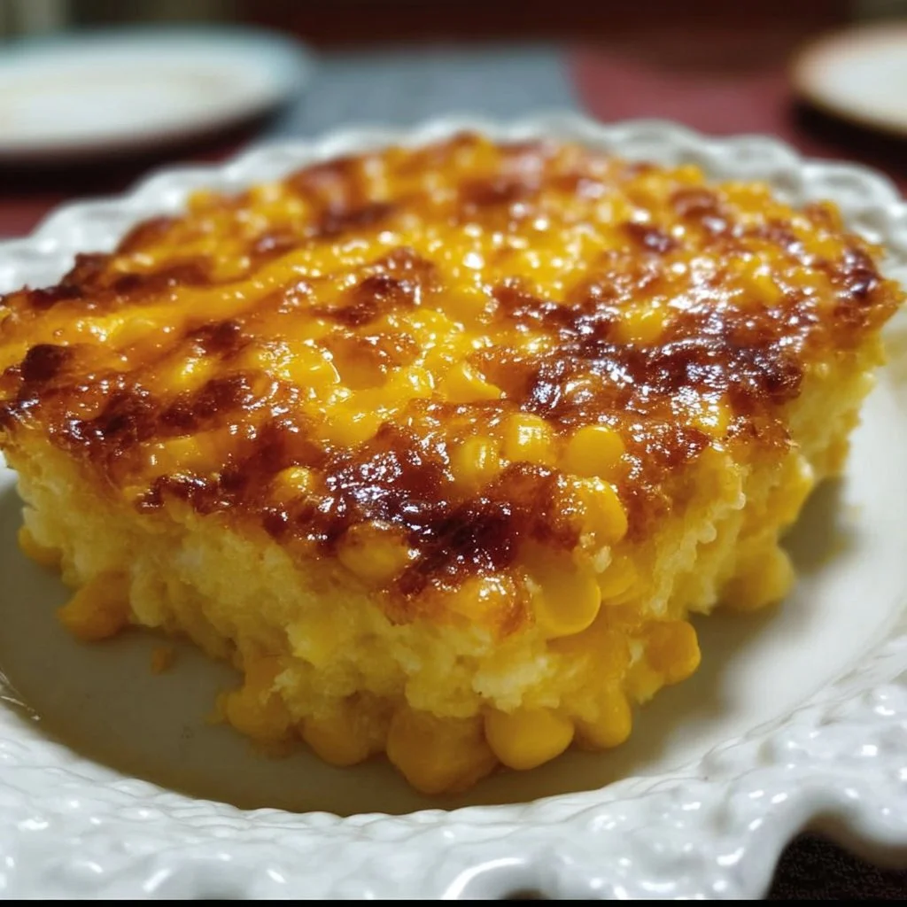 Easy Jiffy Corn Casserole 1 Easy Jiffy corn casserole served in a dish, showing a golden, fluffy texture.