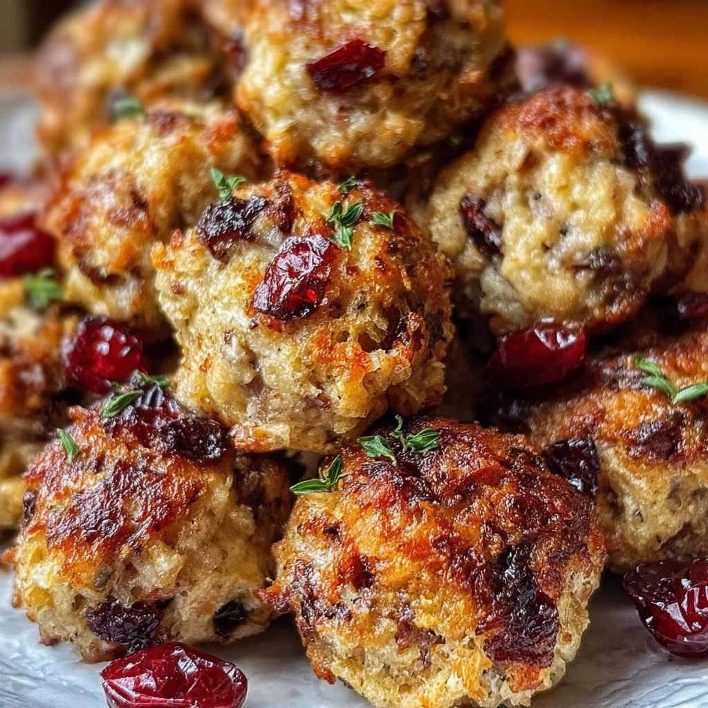 Festive Cranberry Turkey Stuffing Balls 2 Festive cranberry turkey stuffing balls served on a platter for the holidays