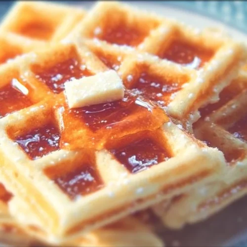 Fluffy Belgian Waffles 3 Delicious fluffy Belgian waffles topped with syrup and berries