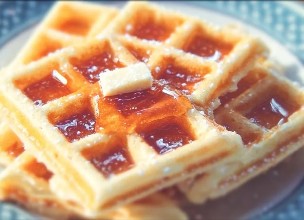 Fluffy Belgian Waffles 2 Delicious fluffy Belgian waffles topped with syrup and berries