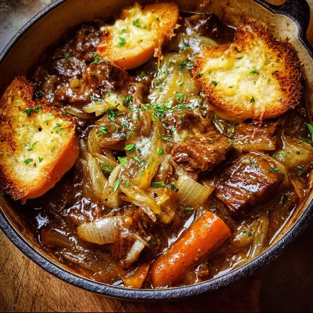 French Onion Beef Stew 2 Delicious French Onion Beef Stew served in a rustic bowl
