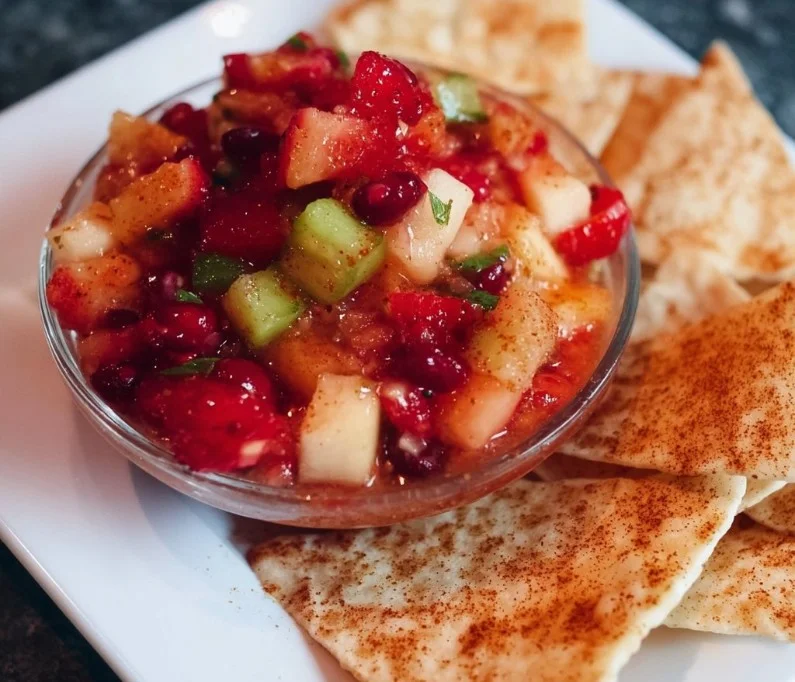 Fruit Salsa with Cinnamon Sugar Tortilla Chips 1 Delicious fruit salsa served with cinnamon sugar tortilla chips
