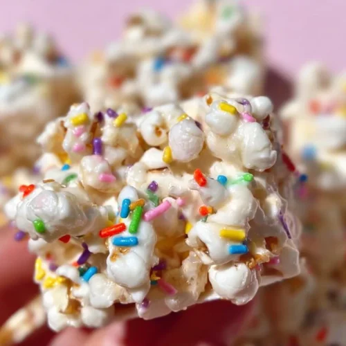 Funfetti Marshmallow Popcorn Treats 3 Colorful Funfetti Marshmallow Popcorn Treats displayed in a festive bowl