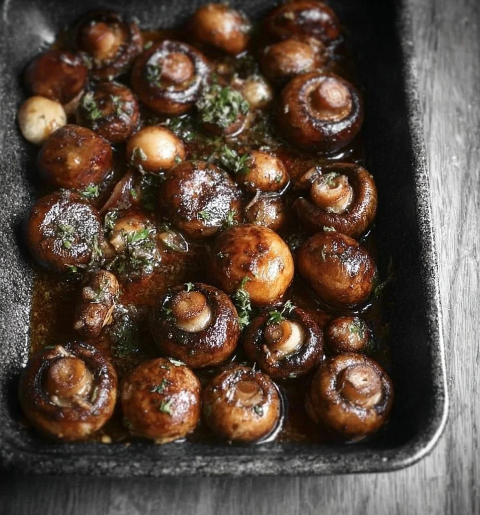 Plate of garlic mushrooms garnished with herbs