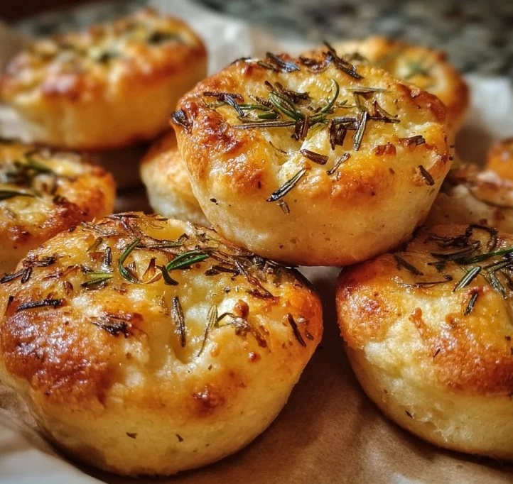 Golden Crust Garlic Rosemary Focaccia Muffins 1 Golden Crust Garlic Rosemary Focaccia Muffins on a wooden table