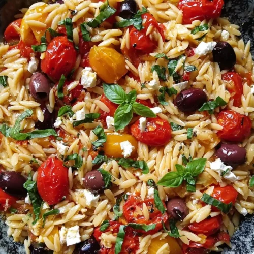Greek Orzo with Tomatoes, Olives, Basil, and Feta 3 Bowl of Greek Orzo with tomatoes, olives, basil, and feta cheese