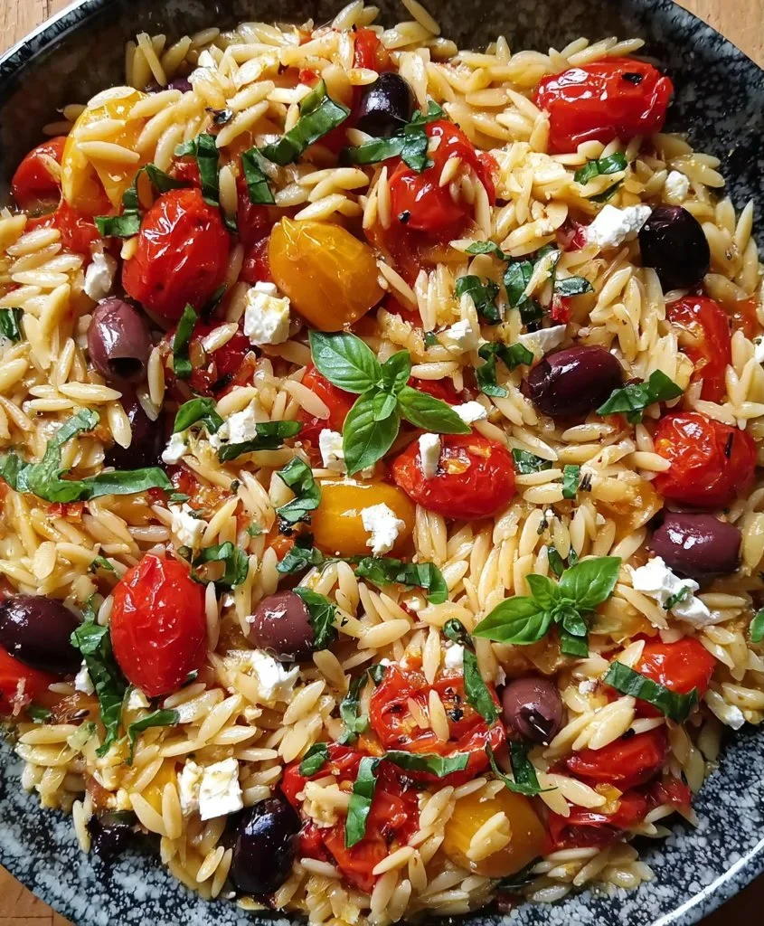 Greek Orzo with Tomatoes, Olives, Basil, and Feta 2 Bowl of Greek Orzo with tomatoes, olives, basil, and feta cheese