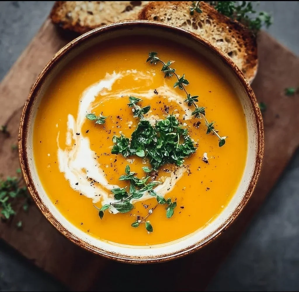 Healthy Butternut Squash Soup 2 Healthy butternut squash soup served in a bowl with garnishes.