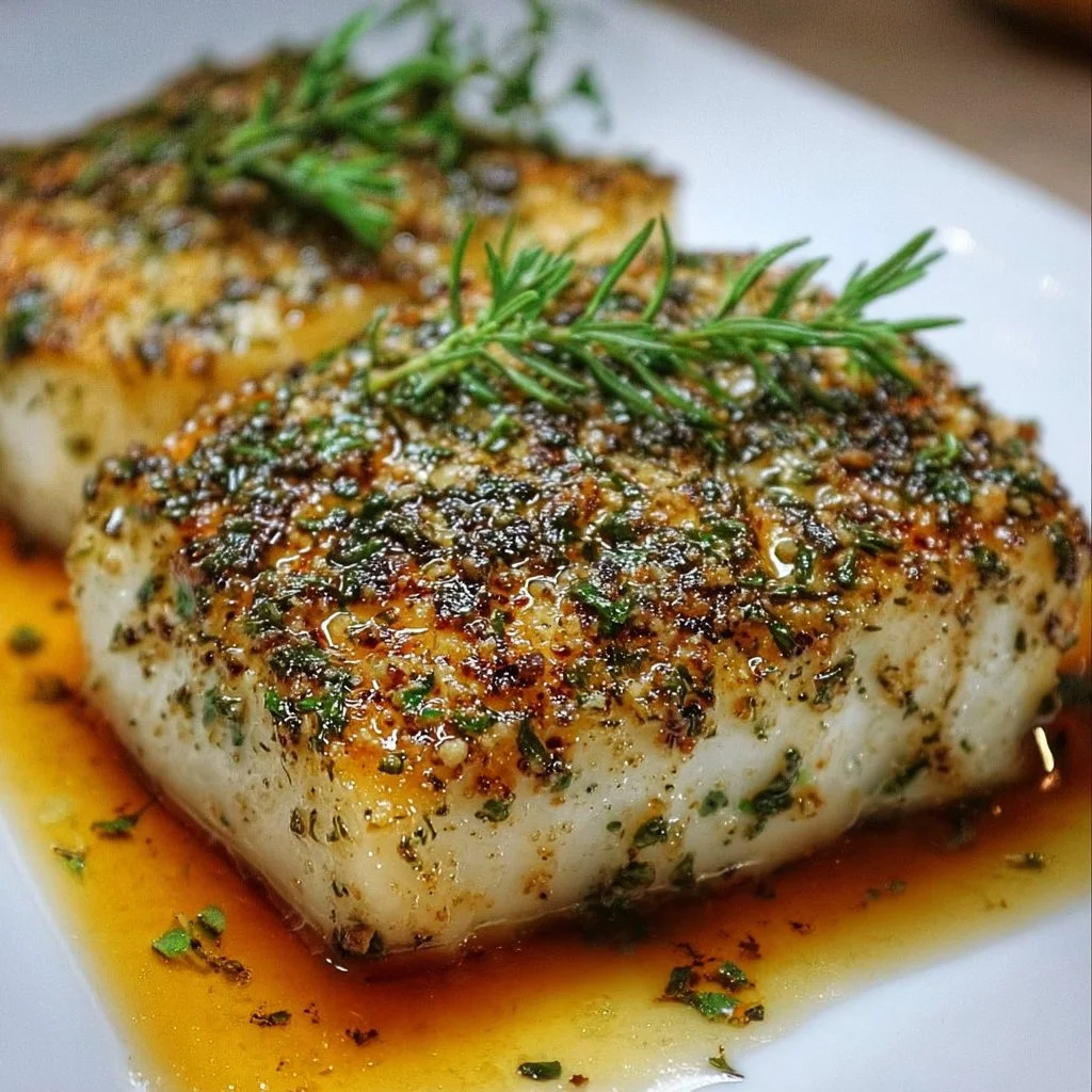 Herb Crusted Halibut 2 Plate of Herb Crusted Halibut garnished with fresh herbs and served with vegetables