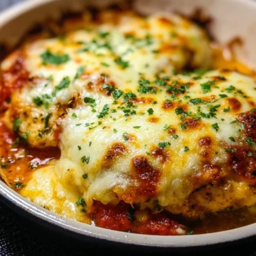 Delicious High-Protein Cheesy Chicken Mozzarella Bake served in a casserole dish