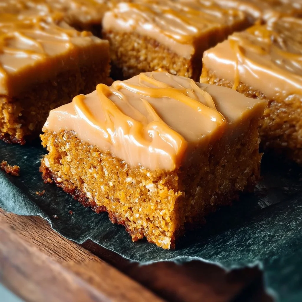 Homemade Pumpkin Bars with Caramel Frosting 2 Homemade pumpkin bars drizzled with caramel frosting on a rustic wood background