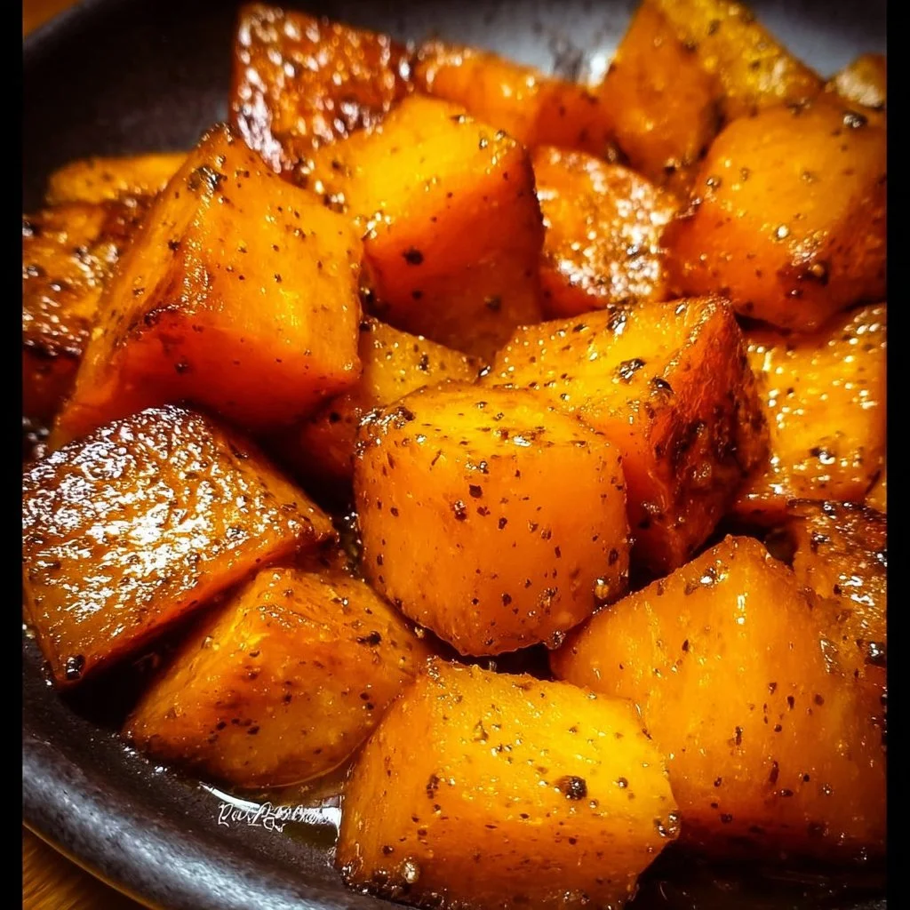 Honey Roasted Butternut Squash 2 Plate of honey roasted butternut squash garnished with herbs