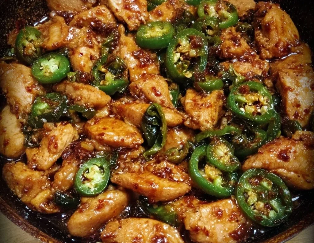Jalapeno Chicken 2 Spicy jalapeno chicken served with vegetables on a plate