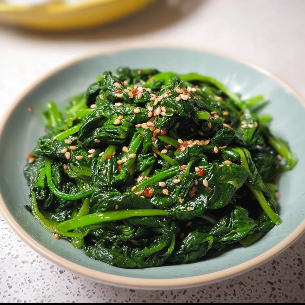 Korean Spinach Side Dish (Sigeumchi Namul) 1 Sigeumchi Namul, a flavorful Korean spinach side dish served in a bowl.