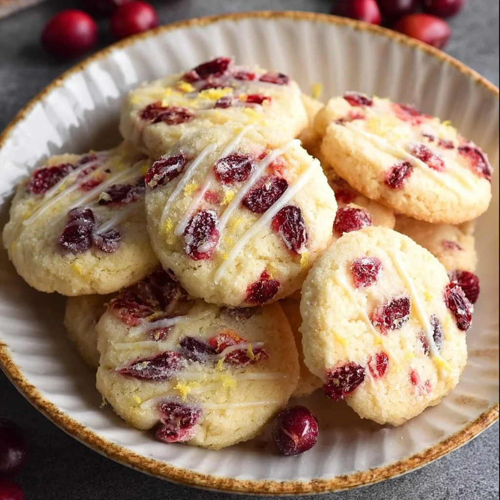 Delicious Lemon Cranberry Cookies arranged on a plate topped with lemon zest