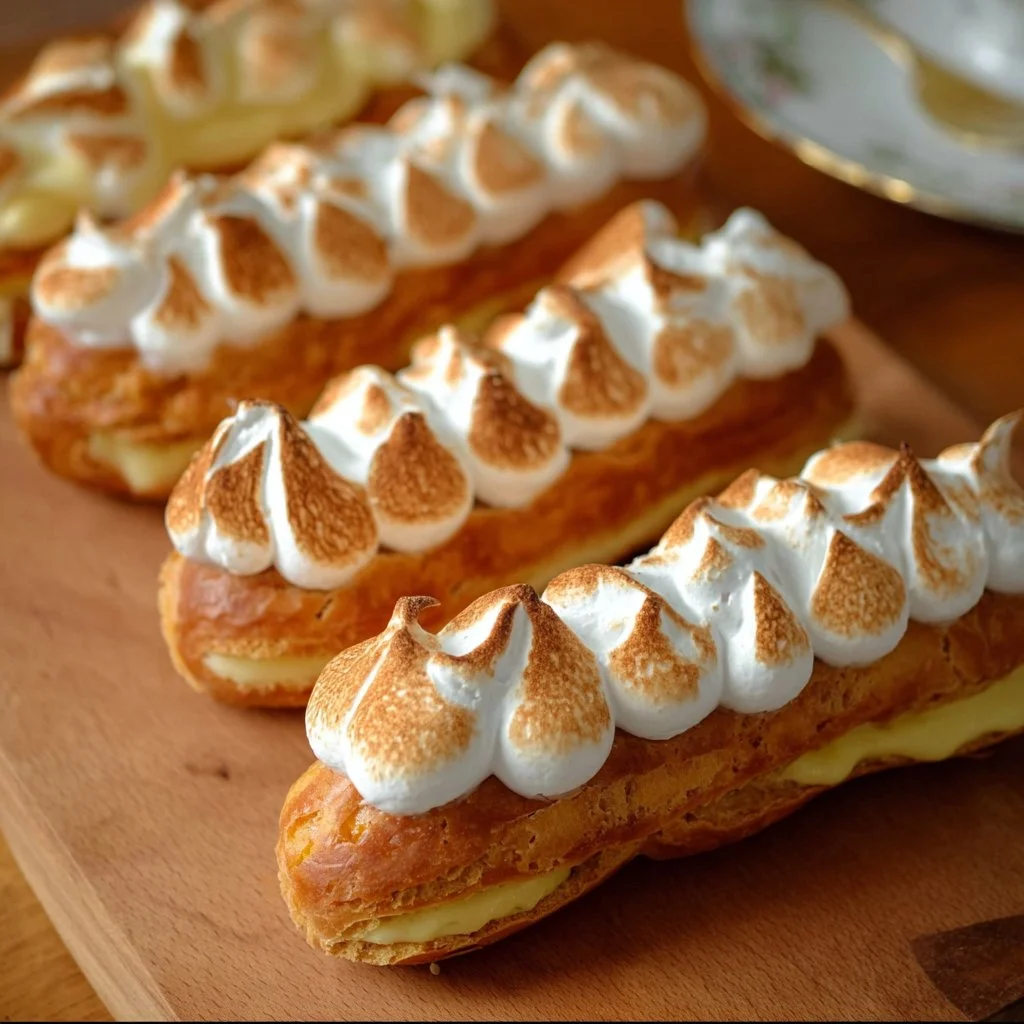 Lemon Meringue Éclairs 1 Lemon Meringue Éclairs topped with fluffy meringue and lemon zest