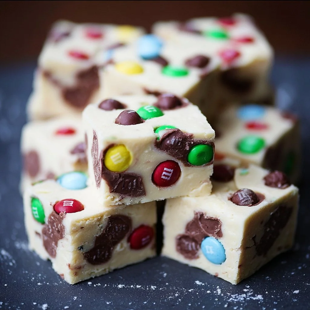 Marshmallow M&M Fudge: A Fun and Festive No-Bake Treat 1 Delicious Marshmallow M&M Fudge topped with colorful candy coating