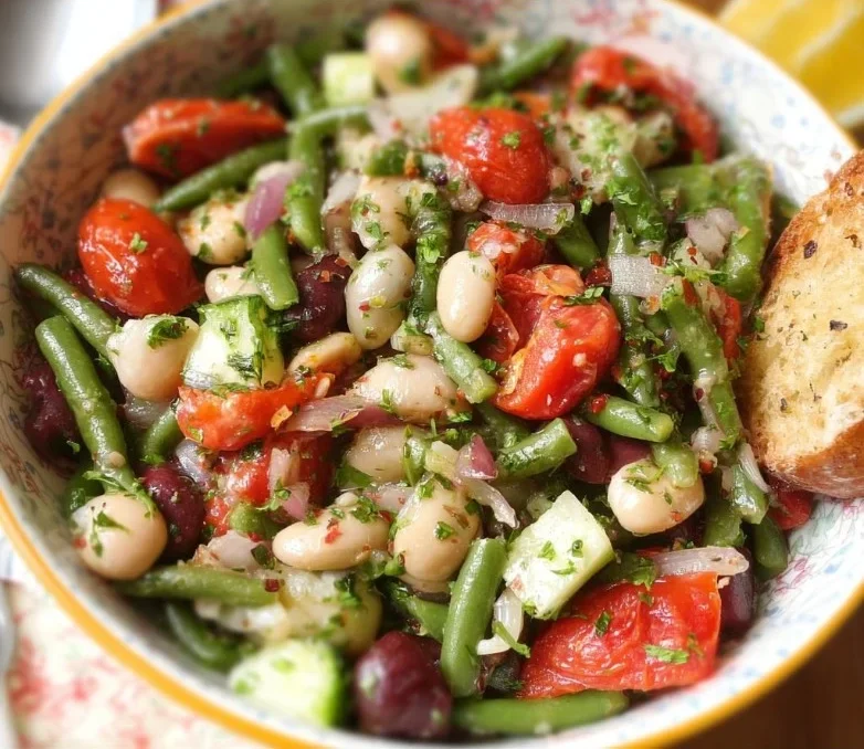Colorful Mediterranean Bean Salad with veggies and dressing